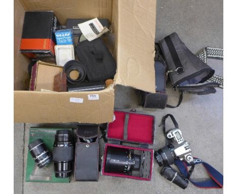 Cameras, camera lenses and accessories including Sigma 70-210mm, Tamron SP 1:8 500mm, Sigma 200m 75-300mm, (x2), and Sigma 10