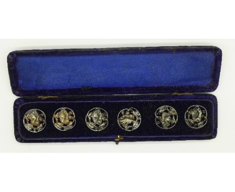 A set of six Victorian Art Nouveau silver buttons, cased, Birmingham 1900, William J Holmes