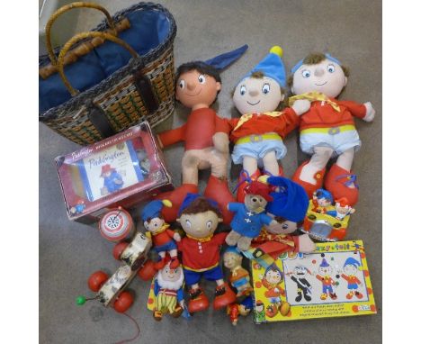 Noddy soft toys and games and a Paddington Bear figure, German tin-plate musical box, etc.