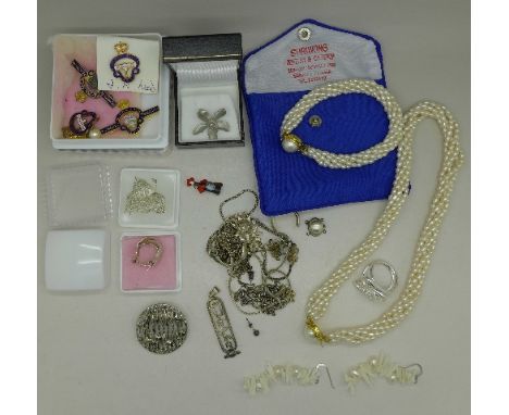 Silver jewellery, other jewellery including a pearl necklace and matching bracelet and four British Legion badges including t