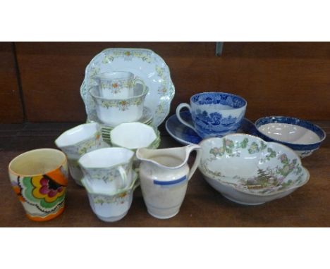 An Art Deco six setting tea service, a Gray's Pottery Applique beaker, a large Minton Willow cup and saucer, a Booths Willow 