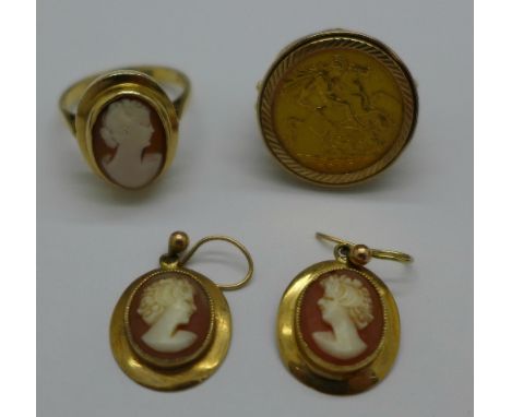 A 1910 half sovereign in a 9ct gold ring mount, total weight 9.6g, K, and a 9ct gold cameo ring, O, and a pair of matching ea