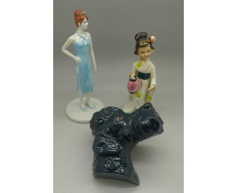 A Goebel poodle's head wall plaque, a Coalport Collectables figure, December and a figure of a Japanese girl