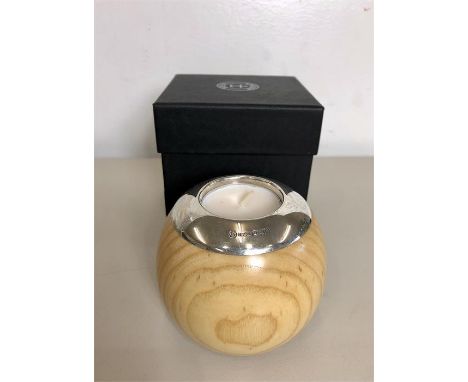 Boxed modern Applewood tea light holder with Silver collar Birmingham Silver hallmarks 