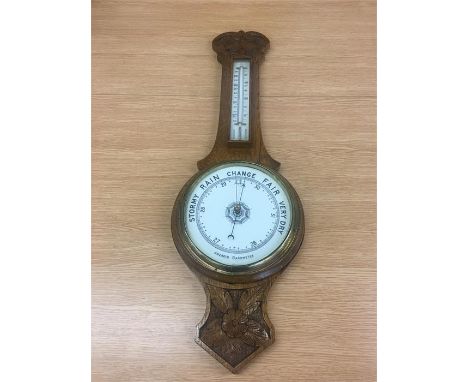 Antique aneroid oak barometer. Measurements - Height 31 ins.