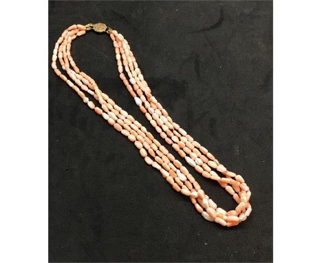 Chinese 4 strand pink coral and pearl bead necklace Chinese silver clasp  