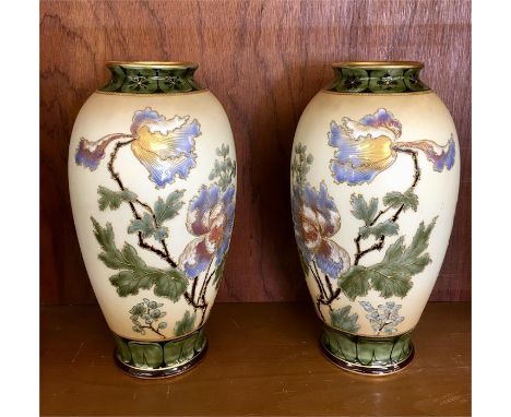 Antique Ernest Wahliss EW Austria Vienna porcelain vases each measures approx 31cm tall  light glaze hairline to one vase sho