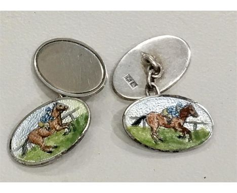 Vintage Silver and enamel horse racing cufflinks in good condition Birmingham Silver hallmarks 