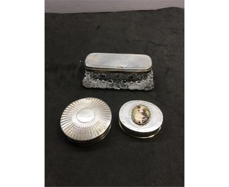 2 small Silver boxes and silver top trinket box 1 stone set with dog not hallmarked but acid tested as silver 