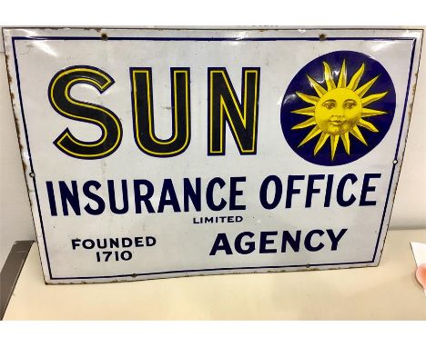 Vintage enamel sign sun insurance office limited Agency measures apprx 20ins by 14ins 