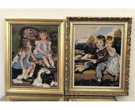 2 Vintage guilt framed tapestry pictures, approx measurements:  excluding frames: Width 19.5 Inches by Height 26 Inches