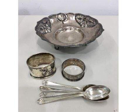 Selection of Silver item includes Silver 4 golf spoons 2 napkin rings and silver bowl hallmarked 925 total weight 189g