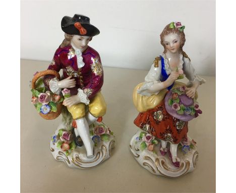 2 Antique Sitzendorf porcelain figures look in good condition l missing foot and light leaf damage measures approx 12 cm tall