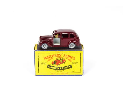 A Matchbox Lesney 1-75 Series 17c Austin Taxi, maroon body, light grey interior, SPW, in original type B box, E, box VG-E 