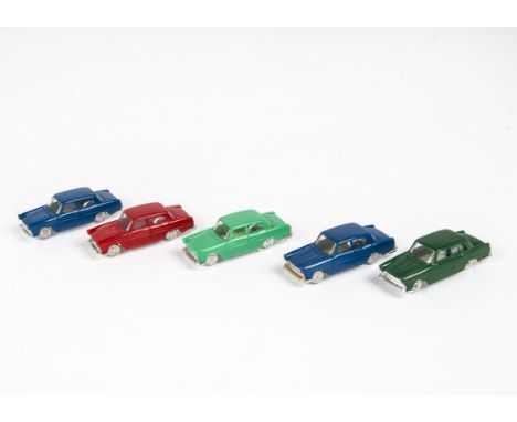 Tri-ang Minix 00 Gauge loose RC 5 Austin A60 five models two with tow bars, colours including light green with tow bar, red, 