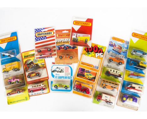 Matchbox Superfast Blister Packs, including US issue 62 Mercury Cougar, 47 Beach Hopper, sunburst label, yellow interior, 42 