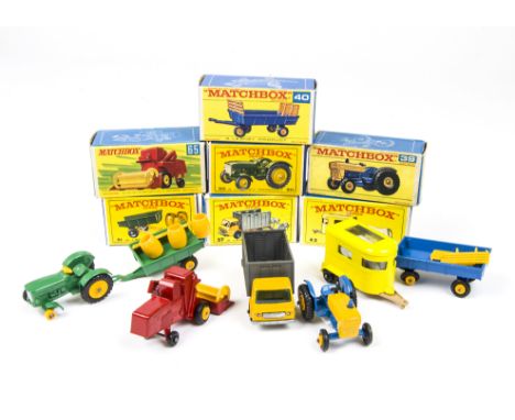 Matchbox Lesney 1-75 Series Farm Vehicles, 39 Ford Tractor, 40 Hay Trailer, 65 Combine, 50 John Deere-Lanz Tractor, 51 Traile