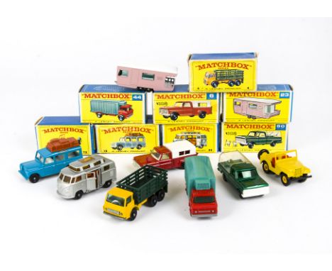 Matchbox Lesney 1-75 Series, 4 Stake Truck, 44 Refrigerator Truck, 6 Ford Pick-Up, 23 Trailer Caravan, 72 Standard Jeep, 12 S