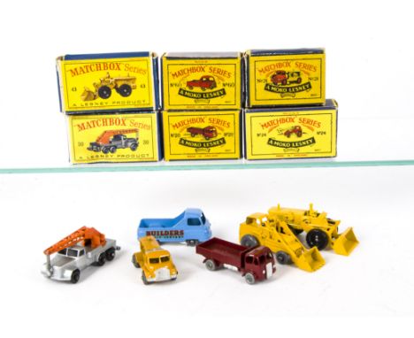 Matchbox Lesney 1-75 Series Construction Vehicles, 24b Hydraulic Excavator, GPW, 28a Bedford Compressor, MW, 43b AB Tractor S