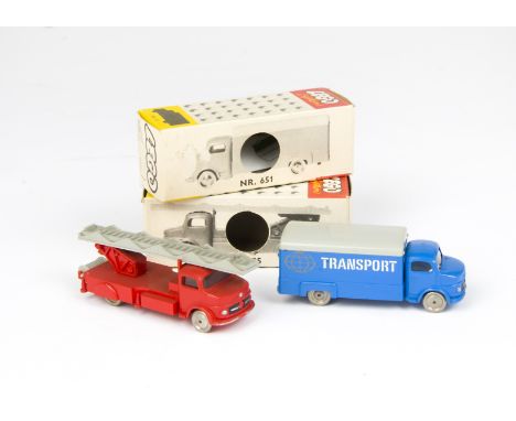 Lego 1960s 00/HO Gauge boxed Commercial Vehicles, 655 Fire Engine with ladder and 651 blue Transport Lorry, both in original 