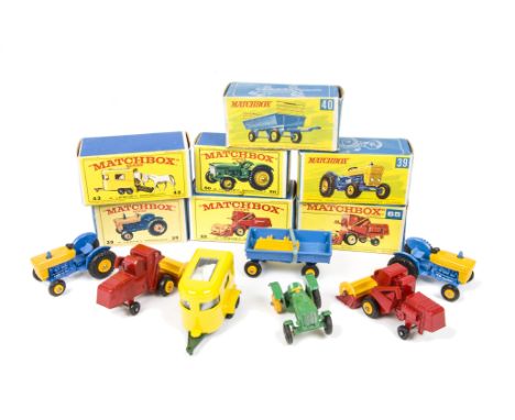 Matchbox Lesney 1-75 Series Farm Vehicles, 39 Ford Tractor (2), 40 Hay Trailer, 50 John Deere-Lanz Tractor, 43 Pony Trailer, 