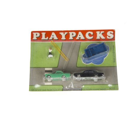 Tri-ang Minix 00 Gauge Playpack RC 53,  comprising black Corsair, light green Sunbeam Alpine, trailer with grey base and ladd