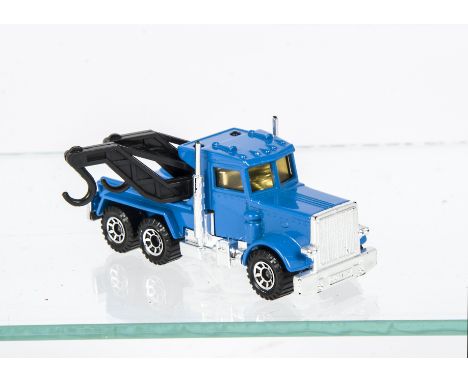 Pre-Production Matchbox Superfast 61 Peterbilt Wreck Truck, blue body, chrome base and interior, black jibs, light amber wind