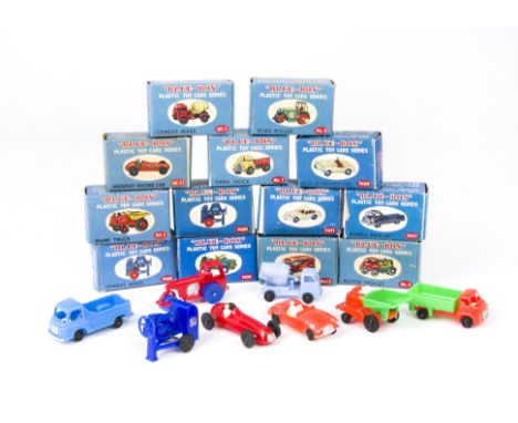 Blue-Box (Hong Kong) Plastic Matchbox 1-75 Series Copies, including Road Roller, Cement Mixer, Maserati, Dump Truck, Jaguar C