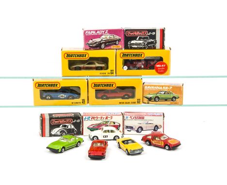 Matchbox Superfast Japanese Issues, No.2 Savanna RX-7, No.5 Fairlady Z, J-9 Mercedes 230SL, J-6 VW 1500, MB64 Porsche 928, MB