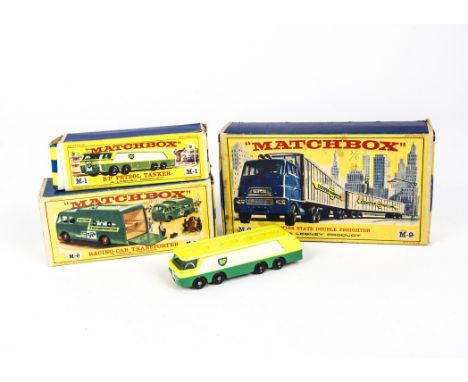 Matchbox Lesney Major Packs, M-9 Inter State Double Freighter, M-6 Racing Car Transporter, M-1 BP Petrol Tanker, in original 