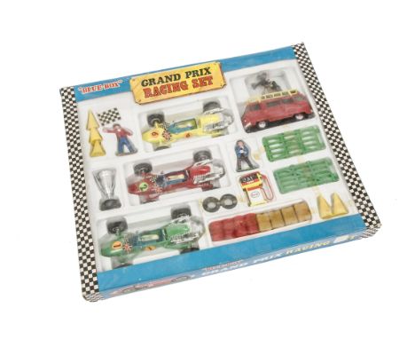 Blue-Box (Hong Kong) Plastic Grand Prix Racing Set 77742, comprising three Racing cars, Commer TV Van, similar to Corgi Toys 