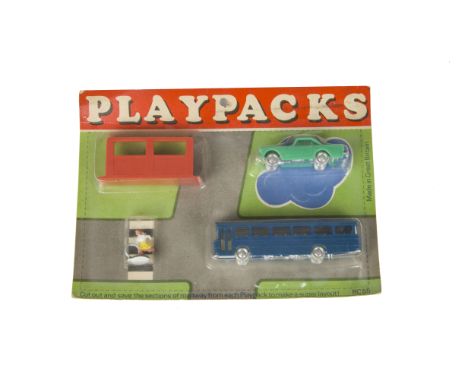 Tri-ang Minix 00 Gauge Playpack RC 55,  comprising blue Strachan Bus, light green Sunbeam Alpine, orange Bus Stop shelter and