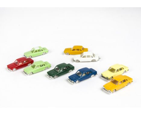 Tri-ang Minix 00 Gauge loose RC 4 Triumph 2000, nine models, colours including uncommon two light green  and two shades of ye