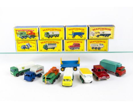 Matchbox Lesney 1-75 Series Commercials, 32 Leyland Petrol Tanker, white grille, 30 8-Wheel Crane, 25 BP Tanker, 44 Refrigera