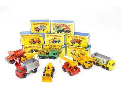 Matchbox Lesney 1-75 Series Construction Vehicles, 30 8-Wheel Crane, 28 Mack Dump Truck, 26 GMC Tipper Truck, 43 Tractor Shov