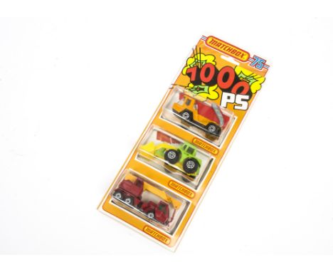 Matchbox Superfast German Issue 1000PS Gift Set, comprising 49 Crane Truck, 29 Tractor Shovel, 37 Skip Truck, in original pac