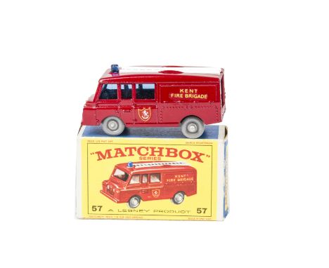 A Matchbox Lesney 1-75 Series 57c Land Rover Fire Truck, red body, 'Kent Fire Brigade' decals, GPW, light green suspension sl