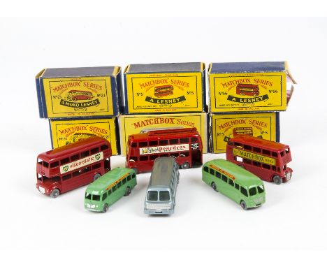 Matchbox Lesney 1-75 Series Buses and Coaches, 56a London Trolley Bus, MW, 21a Bedford Coach, MW, 21b Bedford Coach, GPW, 40b