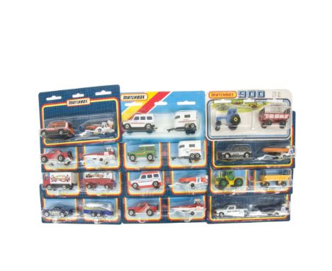 1970s-90s Matchbox Two Packs, including TP-19 Cattle Truck & Trailer, TP-110 Matra Rancho & Speedboat, TP-11 Tractor & Traile