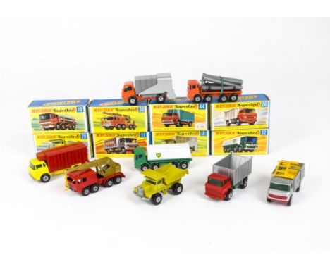 Early Issue Matchbox Superfast Commercials, 10 Pipe Truck, 30 8-Wheel Crane, 44 Refrigerator Truck, 26 GMC Tipper Truck, 28 M