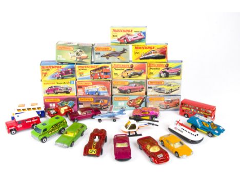 Matchbox Superfast, including 68 Chevrolet Van, 74 Cougar Villager, 30 Beach Buggy, 72 Hovercraft, 2 Jeep Hot Rod, 65 Airport