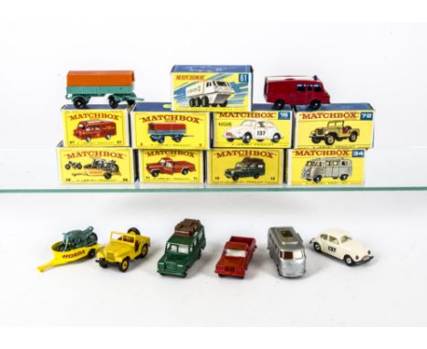 Later Issue Matchbox 1-75 Series, 38 Honda Motorcycle & Trailer, 71 Jeep Pick-Up, Safari Land Rover, 34 VW Camper, 15 VW 1500