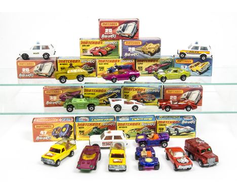 Matchbox Superfast Rola-Matics, including 57 Wild Life Truck (2), 16 Badger, 47 Beach Hopper (2), 20 Police Patrol (3),  67 H