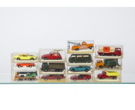 Loose Matchbox Superfast and Later Issues, including Dodge Challenger, yellow, Maxi Taxi, military drab Unimog, Case Tractor 