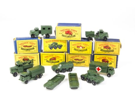 Matchbox Lesney 1-75 Series Military Vehicles, 71 Army Water Truck, 68 Army Wireless Truck, 55 DUKW (2), 62 General Service L