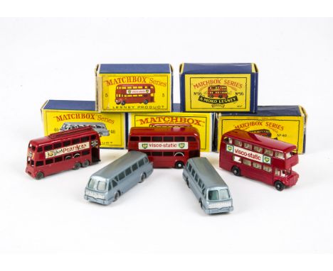 Matchbox Lesney 1-75 Series Buses and Coaches, 56a London Trolley Bus, MW, 40b Leyland Tiger Coach (2), one BPW, one SPW, 5c 