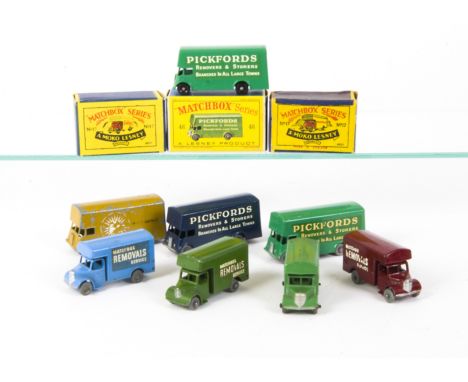 Matchbox Lesney 1-75 Series Removals Vans, 17a Bedford Removals Van (2), first light blue body, MW, second green body, MW, 46