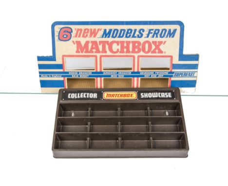 "6 New Models From Matchbox" Card Display Stand, Matchbox Superfast display stand for six blister packed models, Dodge Dragst