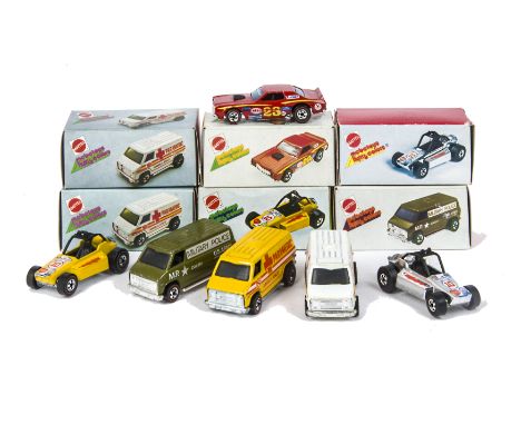 Mattel Mebetoys Flying Colors, 9183 Khaki Kooler, 7647 Torino Stocker, 7661 Paramedic (2), one white, one yellow, 9088 Rock B