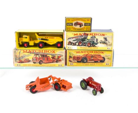 Matchbox Lesney King Size K-4 International Tractor, K-6 Allis-Chalmers Earth Scraper, K-15 Merryweather Fire Engine, K-2 KW 